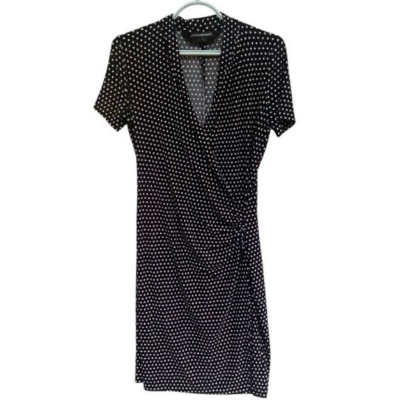 Norma Kamali Black White Polka Dot Faux Wrap Dress S Stretch Retro Style Deep V - Picture 1 of 6